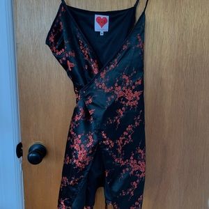 Ohmighty weekend black satin wrap mini dress with red floral size M